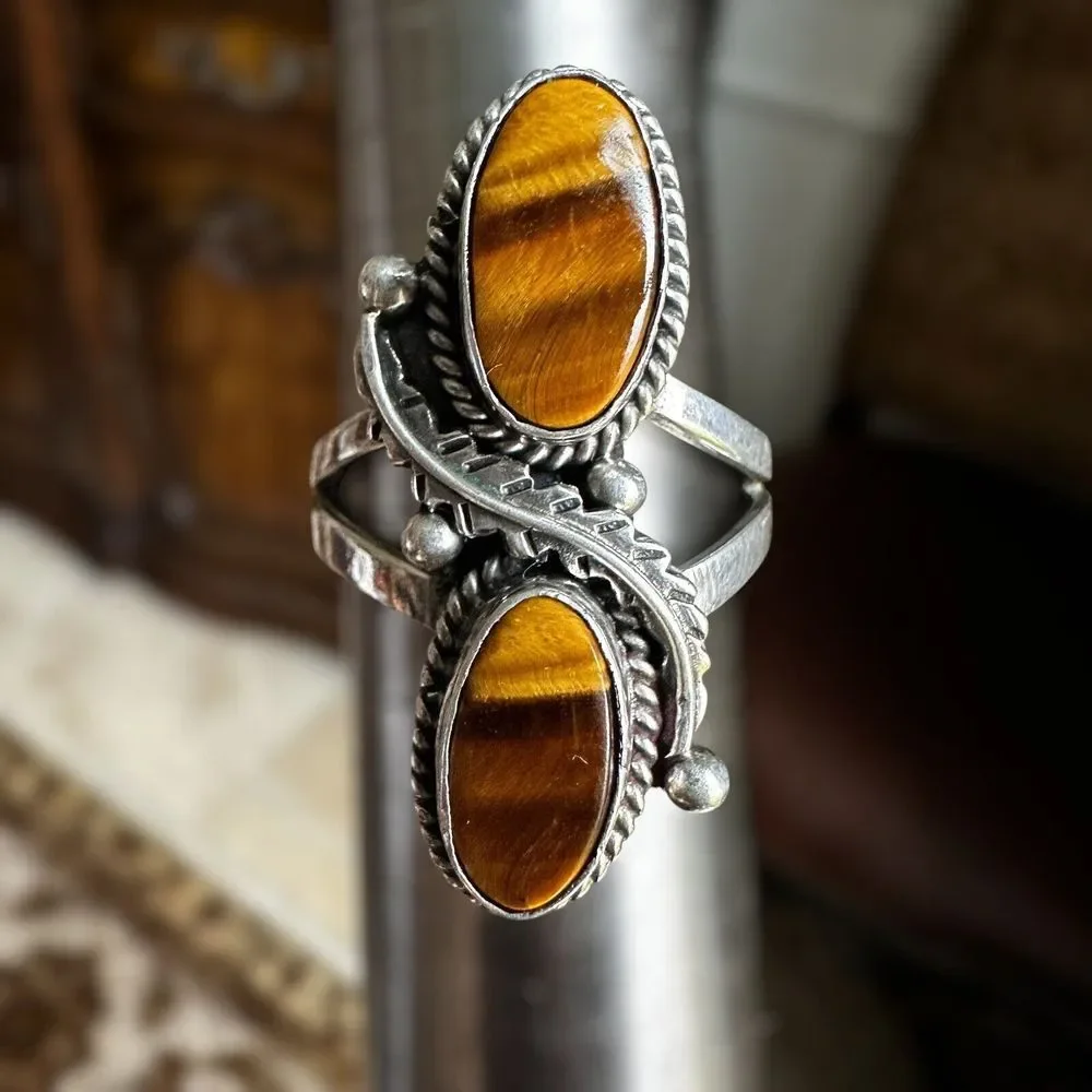 VTG Plata Statement Ring Tigers Eye Quartz Size‎ 7 Braided 925 Sterling 5.3g